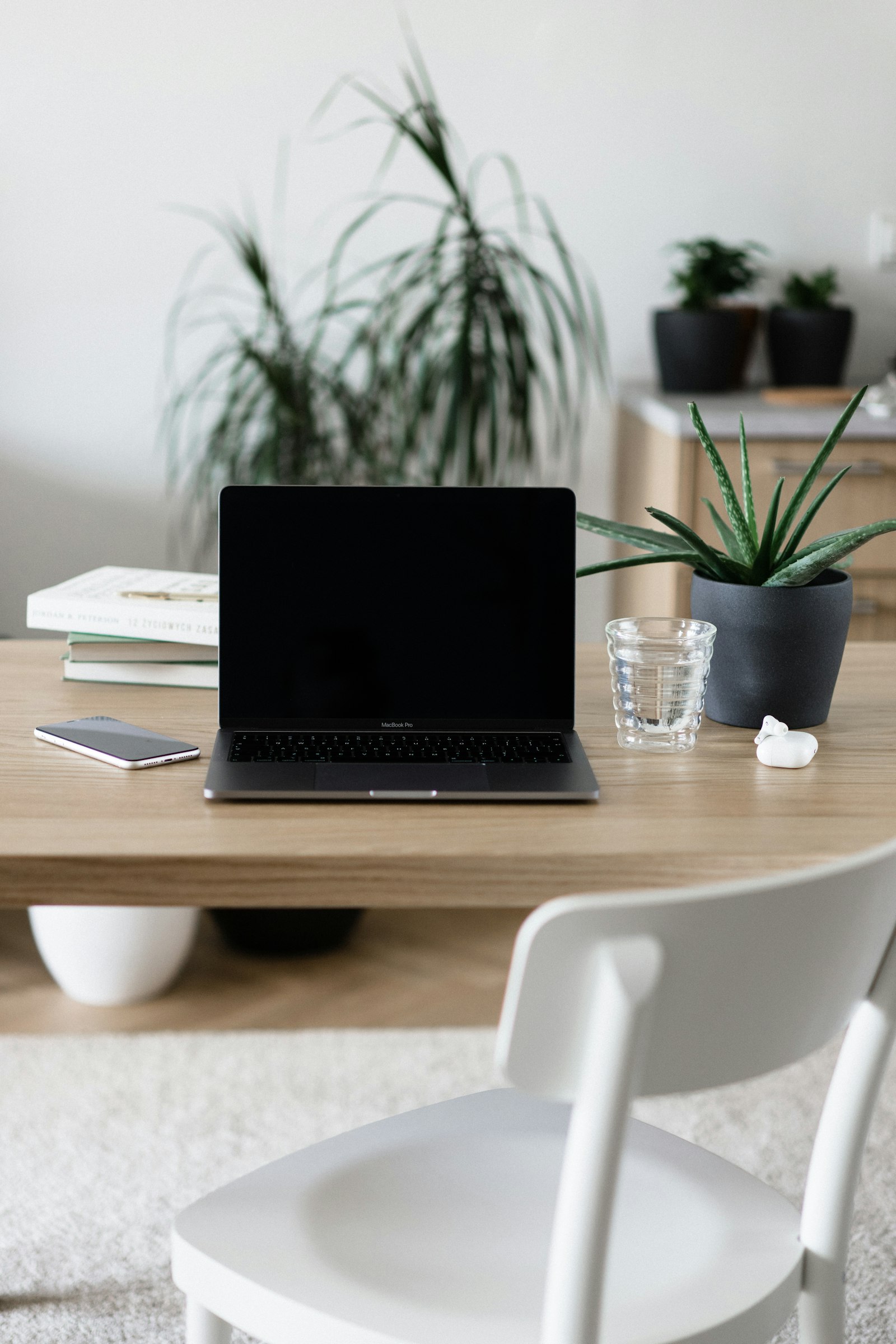 Laptop, böcker och växter på ett skrivbord i dagsljus