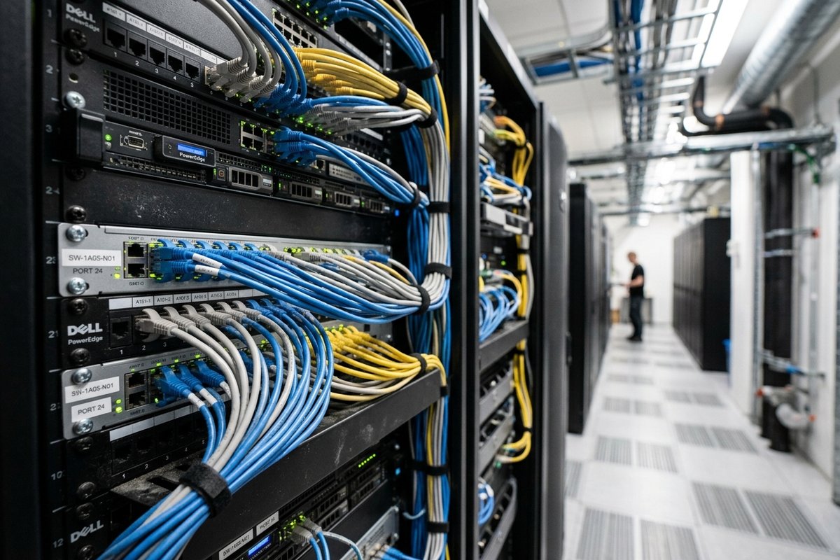 Nätverkskablar och serverrack i en modern skandinavisk hall för datacentraler