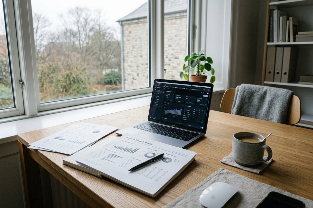 Skandinaviskt skrivbord med ekonomiska rapporter, anteckningsblock och kaffekopp i dämpat dagsljus
